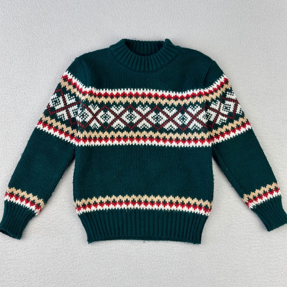 Vintage St Bernard Crewneck Sweater Kids 3-4 Green Fair Isle Chunky Knit Ireland